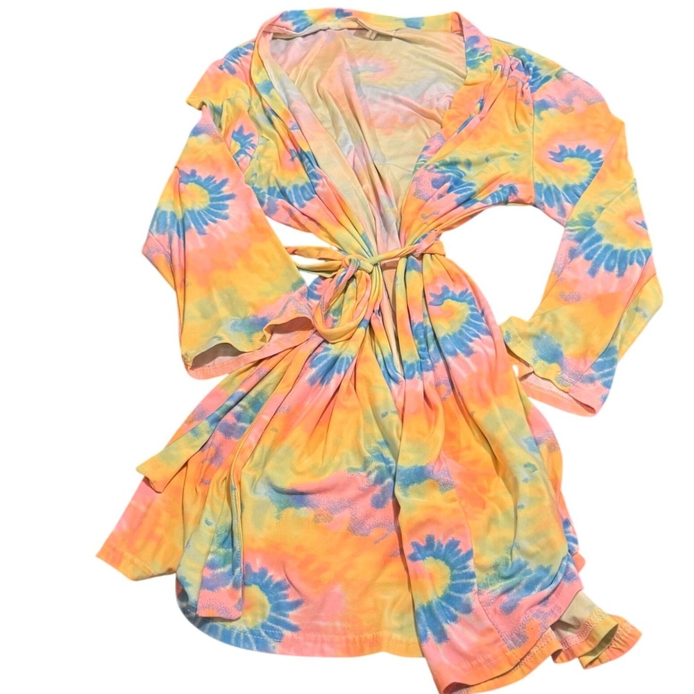 Colorful Tie Dye Wrap Soft Mini Robe Festival Pajamas Swimsuit CoverUp RetroCore
